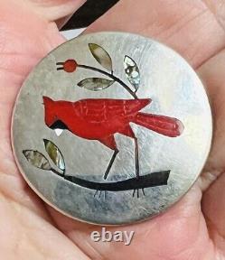 Vtg ZUNI SC EDAAKI Sterling Silver Cardinal Brooch Pendant CORAL INLAY NICE