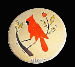 Vtg ZUNI SC EDAAKI Sterling Silver Cardinal Brooch Pendant CORAL INLAY NICE