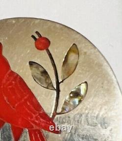 Vtg ZUNI SC EDAAKI Sterling Silver Cardinal Brooch Pendant CORAL INLAY NICE