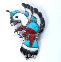 Vtg ZUNI Silver Channel Inlay Bird Parrot Brooch Pin 10.7g 2.25x1.25 1950s/60s