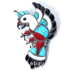 Vtg ZUNI Silver Channel Inlay Bird Parrot Brooch Pin 10.7g 2.25x1.25 1950s/60s