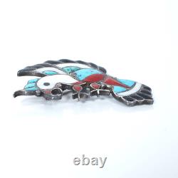 Vtg ZUNI Silver Channel Inlay Bird Parrot Brooch Pin 10.7g 2.25x1.25 1950s/60s