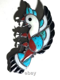 Vtg ZUNI Silver Channel Inlay Bird Parrot Brooch Pin 10.7g 2.25x1.25 1950s/60s