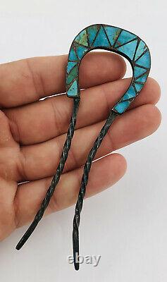 Vtg Zuni DISHTA Style Native American Sterling Silver Turquoise Hair Pin 4 5/8