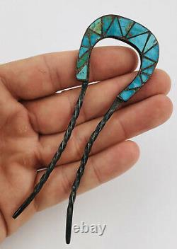 Vtg Zuni DISHTA Style Native American Sterling Silver Turquoise Hair Pin 4 5/8