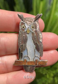 Vtg Zuni Ed Edward & Pablita Quam Sterling Silver Mosaic Inlay Owl Pin Brooch