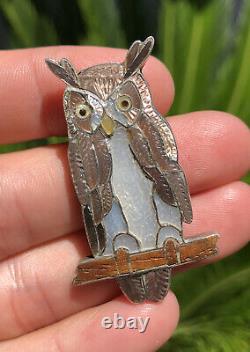 Vtg Zuni Ed Edward & Pablita Quam Sterling Silver Mosaic Inlay Owl Pin Brooch