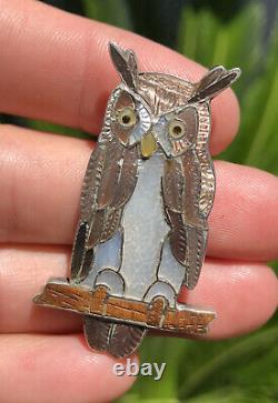 Vtg Zuni Ed Edward & Pablita Quam Sterling Silver Mosaic Inlay Owl Pin Brooch