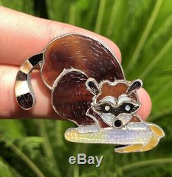 Vtg Zuni Ed Edward Pablita Quam Sterling Silver Mosaic Inlay Raccoon Pin Brooch