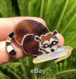 Vtg Zuni Ed Edward Pablita Quam Sterling Silver Mosaic Inlay Raccoon Pin Brooch