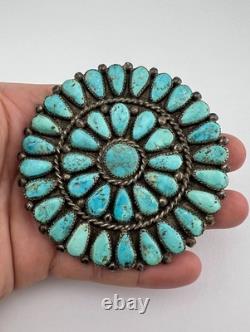 Vtg Zuni Navajo Sterling Silver Petit Point Turquoise Cluster Pin Pendant 3.5