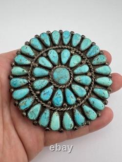 Vtg Zuni Navajo Sterling Silver Petit Point Turquoise Cluster Pin Pendant 3.5