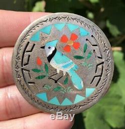 Vtg Zuni S&E Guardian Sterling Silver Turquoise Coral Blue Jay Bird Pin Pendant
