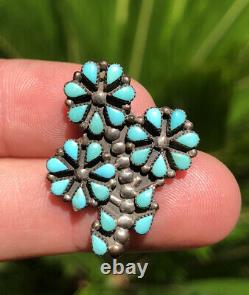 Vtg Zuni STERLING SILVER Petit Point Turquoise FLOWER Cluster Brooch Pin Pendant