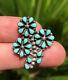 Vtg Zuni Sterling Silver Petit Point Turquoise Flower Cluster Brooch Pin Pendant