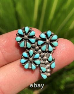 Vtg Zuni STERLING SILVER Petit Point Turquoise FLOWER Cluster Brooch Pin Pendant