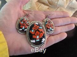 Vtg Zuni Signed Bev Etsate Inlaid Stone Mudhead Silver Pendant Pin Earrings Set