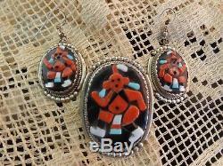 Vtg Zuni Signed Bev Etsate Inlaid Stone Mudhead Silver Pendant Pin Earrings Set