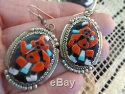 Vtg Zuni Signed Bev Etsate Inlaid Stone Mudhead Silver Pendant Pin Earrings Set