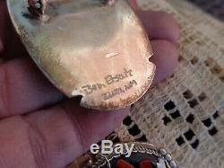 Vtg Zuni Signed Bev Etsate Inlaid Stone Mudhead Silver Pendant Pin Earrings Set