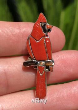 Vtg Zuni Sterling Silver Carved Coral Inlay Red Cardinal Bird Pin Brooch Pendant