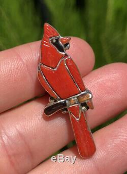 Vtg Zuni Sterling Silver Carved Coral Inlay Red Cardinal Bird Pin Brooch Pendant