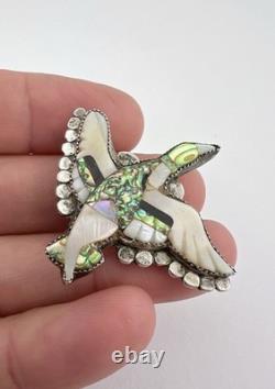 Vtg Zuni Sterling Silver Carved Multi Gemstone Inlay Mallard Duck Pin Brooch
