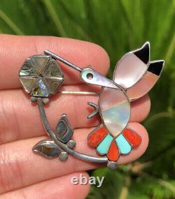 Vtg Zuni Sterling Silver Mosaic Multi Stone Inlay Hummingbird Pin Brooch Pendant
