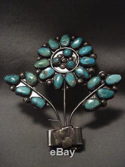 XXL Vintage Navajo Turquoise Flower Silver Pin Old Earlier 1900's