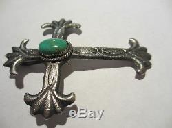 Xfine Huge Old Navajo Sterling&turquoise Sandcast Cross Pin&pendant-signed Ajb