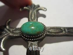 Xfine Huge Old Navajo Sterling&turquoise Sandcast Cross Pin&pendant-signed Ajb