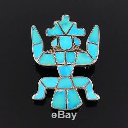 ZUNI 1940s-1960s HANDMADE SILVER & BLUE GEM TURQUOISE INLAY KNIFEWING BROOCH PIN