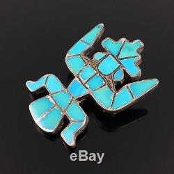 ZUNI 1940s-1960s HANDMADE SILVER & BLUE GEM TURQUOISE INLAY KNIFEWING BROOCH PIN