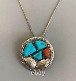 ZUNI A Penketewa 1970s Sterling Silver Turquoise Red Coral Pin Pendent Necklace