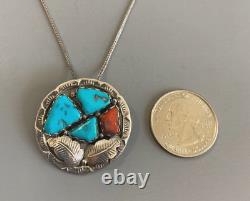 ZUNI A Penketewa 1970s Sterling Silver Turquoise Red Coral Pin Pendent Necklace