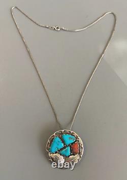 ZUNI A Penketewa 1970s Sterling Silver Turquoise Red Coral Pin Pendent Necklace