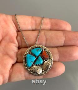 ZUNI A Penketewa 1970s Sterling Silver Turquoise Red Coral Pin Pendent Necklace