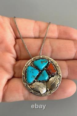 ZUNI A Penketewa 1970s Sterling Silver Turquoise Red Coral Pin Pendent Necklace