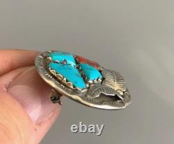 ZUNI A Penketewa 1970s Sterling Silver Turquoise Red Coral Pin Pendent Necklace