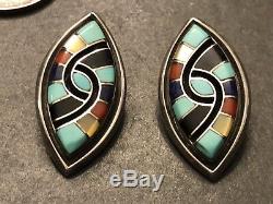 ZUNI Amy Quandelacy STERLING Silver Inlaid Turquoise Lapis Coral Clip Earrings