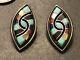 Zuni Amy Quandelacy Sterling Silver Inlaid Turquoise Lapis Coral Clip Earrings
