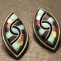 ZUNI Amy Quandelacy STERLING Silver Inlaid Turquoise Lapis Coral Clip Earrings