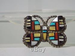 ZUNI CELLICION TURQUOISE INLAY Vtg STERLING SILVER NATIVE AMERICAN Butterfly Pin