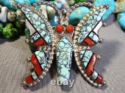 ZUNI Haloo SKY HORSE TURQUOISE Shell Coral Sterling Silver 2 BUTTERFLY Pin