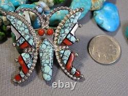 ZUNI Haloo SKY HORSE TURQUOISE Shell Coral Sterling Silver 2 BUTTERFLY Pin