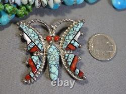 ZUNI Haloo SKY HORSE TURQUOISE Shell Coral Sterling Silver 2 BUTTERFLY Pin