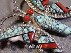 ZUNI Haloo SKY HORSE TURQUOISE Shell Coral Sterling Silver 2 BUTTERFLY Pin