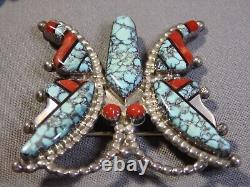 ZUNI Haloo SKY HORSE TURQUOISE Shell Coral Sterling Silver 2 BUTTERFLY Pin