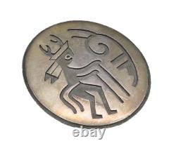 ZUNI NAVAJO 925 Silver Vintage Carved Warrior Round Brooch Pin BP10044
