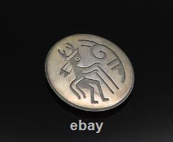 ZUNI NAVAJO 925 Silver Vintage Carved Warrior Round Brooch Pin BP10044